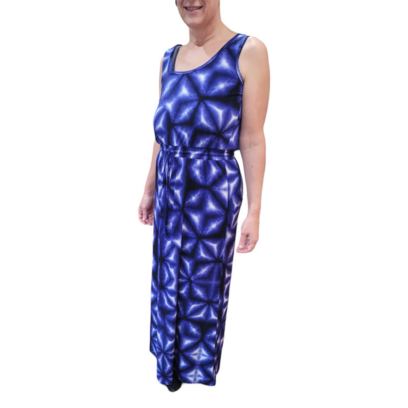 Calvin Klein Blue Tie Dye Maxi Dress Sz 8 Geometric Bodycon Modest Resort Wear - Picture 1 of 10